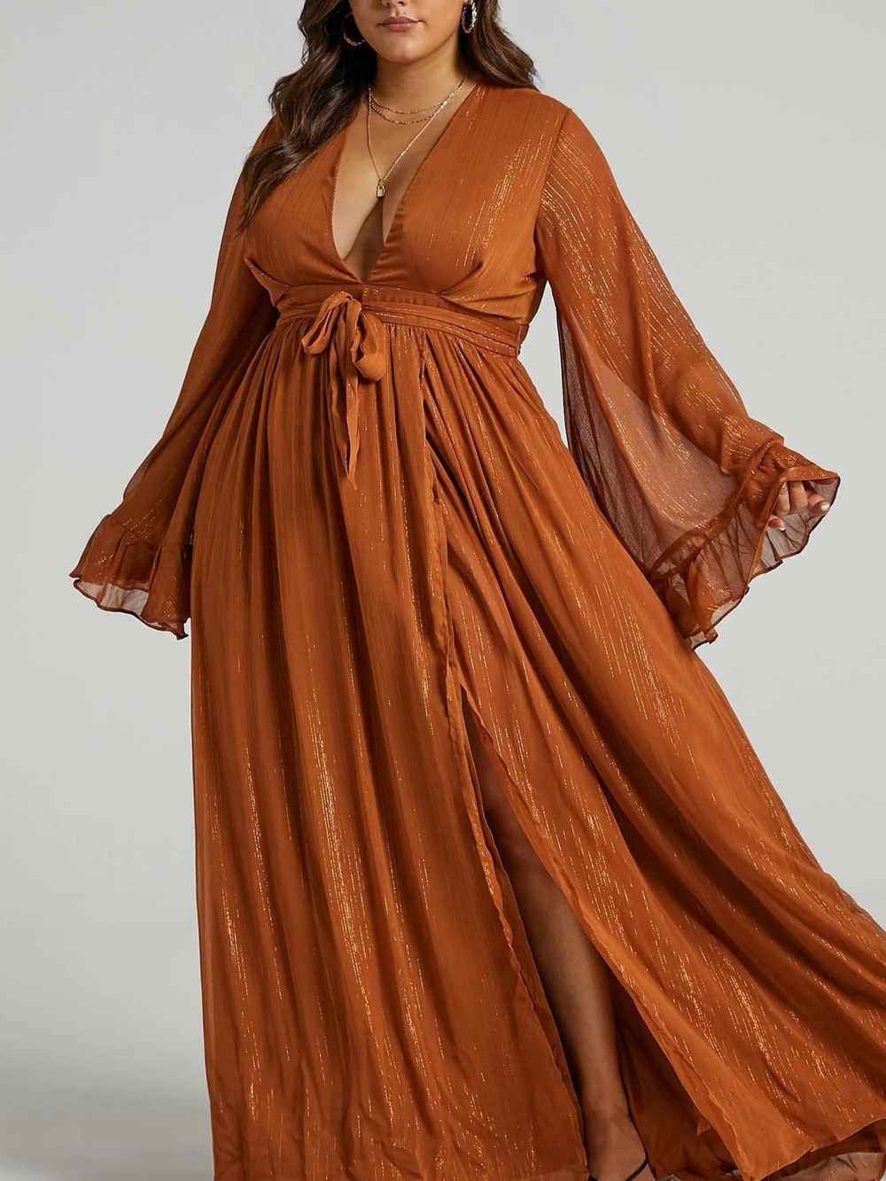 Showpo Dangerous Woman Flare Sleeve Maxi Dress in Rust Size 16